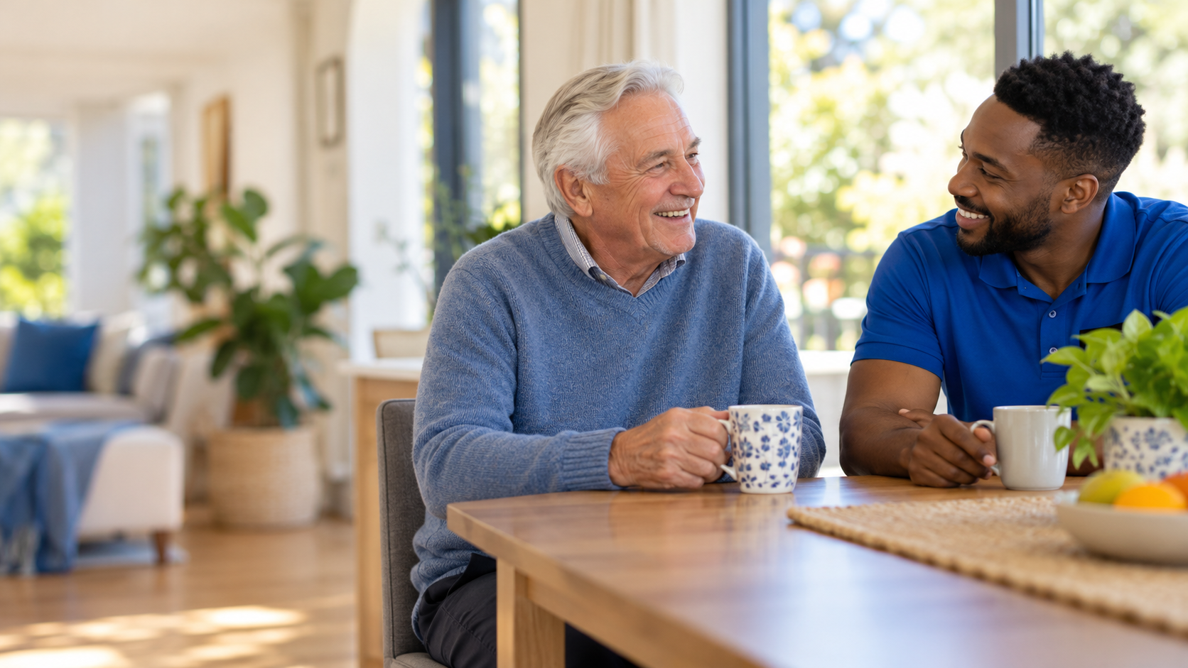 An older man and support worker sharing a conversation